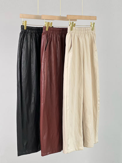 Women Leather Baggy Pants Retro Elastic Waist Loose Fit