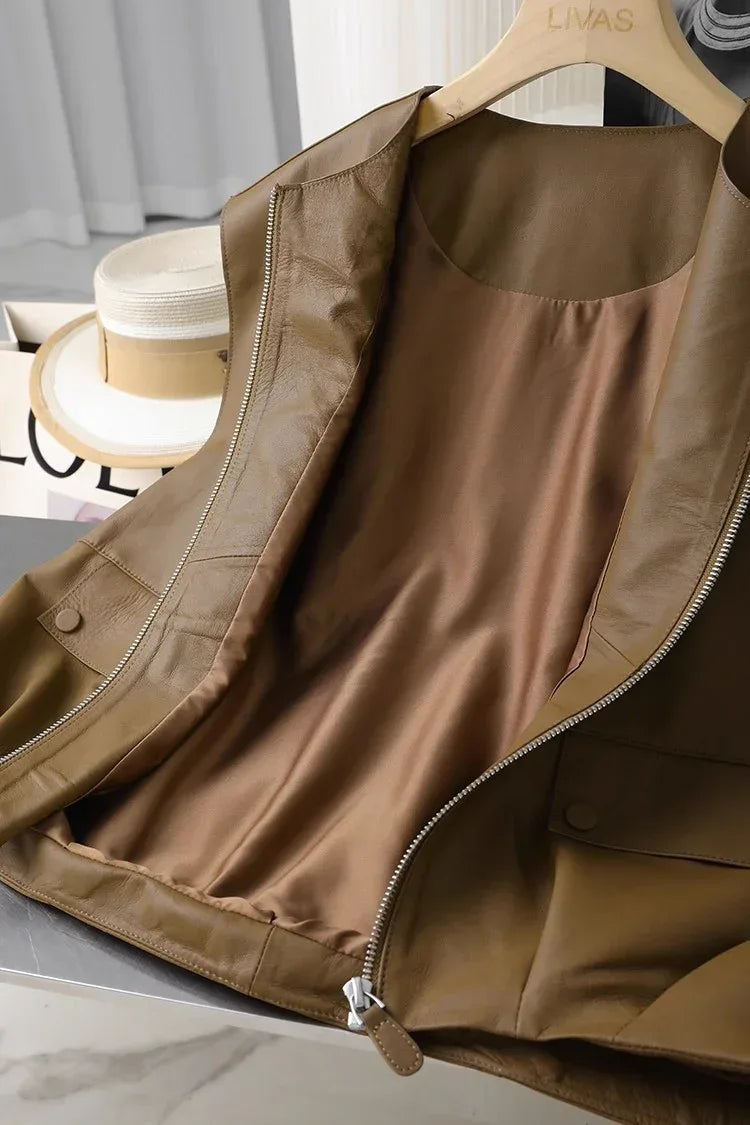 Women Real Soft Leather Zip Vest Office Vest