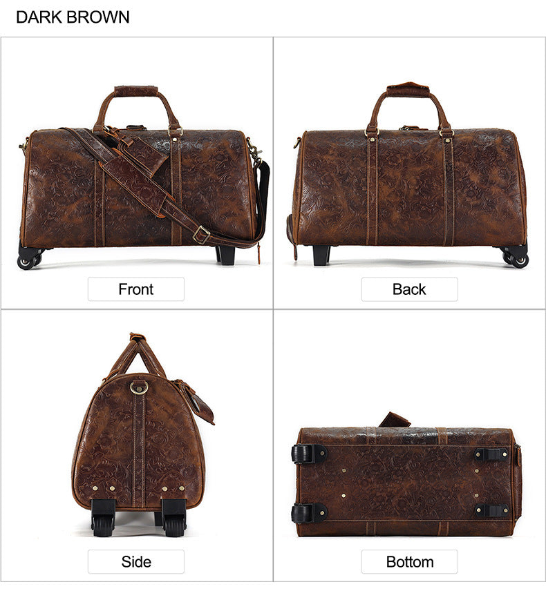 Genuine Leather Trolley Travel Bag Rolling Duffel