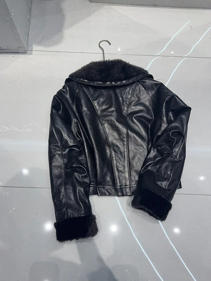 Genuine waxed sheepskin leather jacket with fur