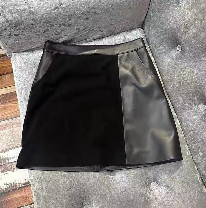 Black Leather Suede Splicing Mini Skirt High Waist A-Line