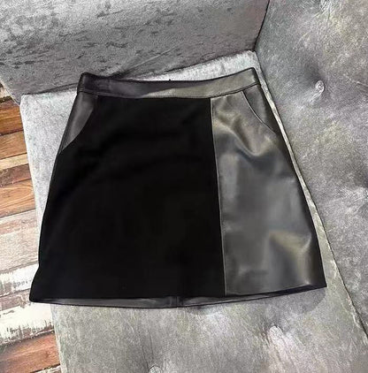 Black Leather Suede Splicing Mini Skirt High Waist A-Line
