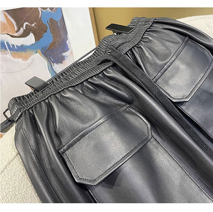 Women Genuine Leather High Waisted Cargo Pants