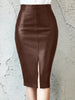 Brown PU Leather High Waist Pencil Skirt with Front Slit