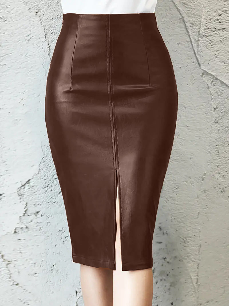Brown PU Leather High Waist Pencil Skirt with Front Slit