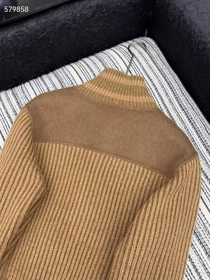 Women’s Wool Knit Patchwork Jacket with Ribbed Sleeves