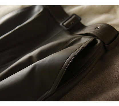 Olive Green Sheepskin Mid Length Leather Skirt with Belt and Slit