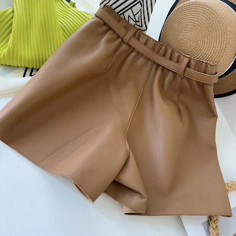 Genuine sheepskin women leather shorts with belt