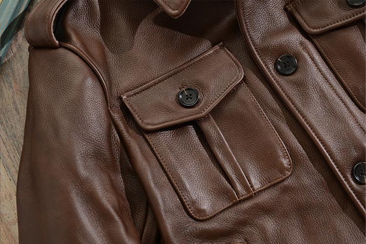 Men Brown Military Cowhide Leather Jacket