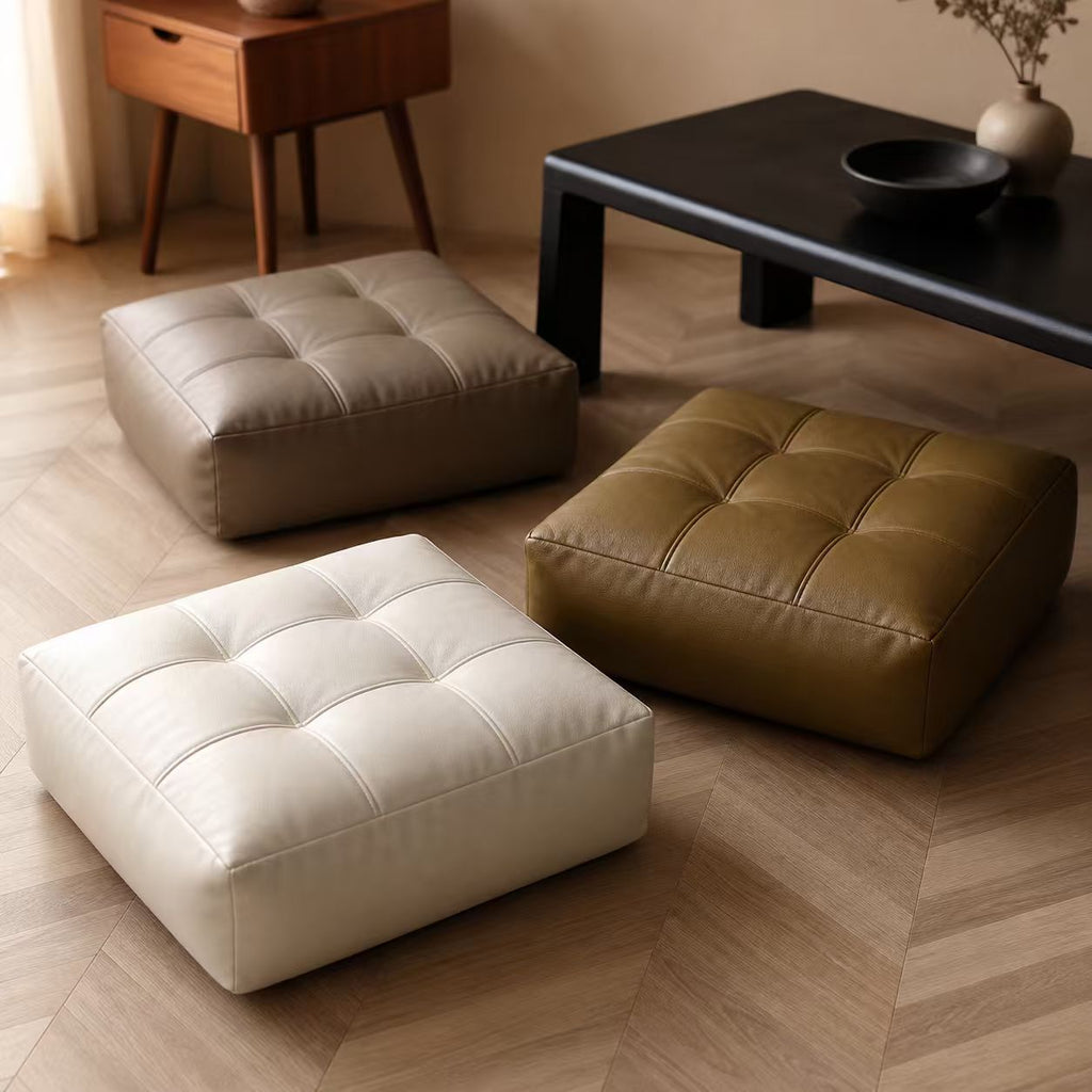 Round Faux Leather Pouf Ottoman Cover for Living Room White