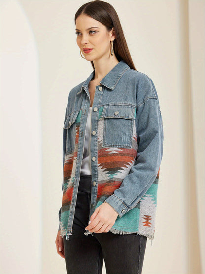 Oversized Tribal Denim Jacket for Women with Woven Back Panel