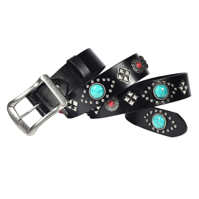 Western Punk Leather Belt with Studs and Turquoise Stones