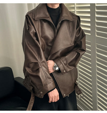 Men’s Oversized Leather Pilot Jacket Black & Brown Biker Style