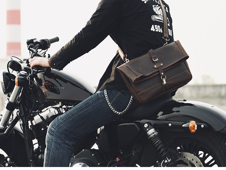 Men’s Crazy Horse Cowhide Leather Motorcycle Messenger Bag