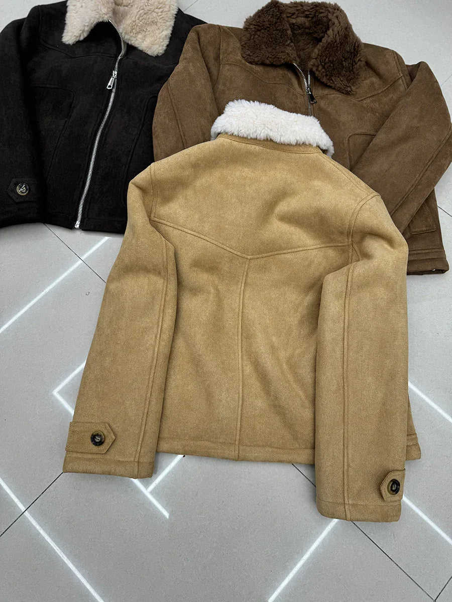 Women’s Suede Lambswool Fur Jacket Winter