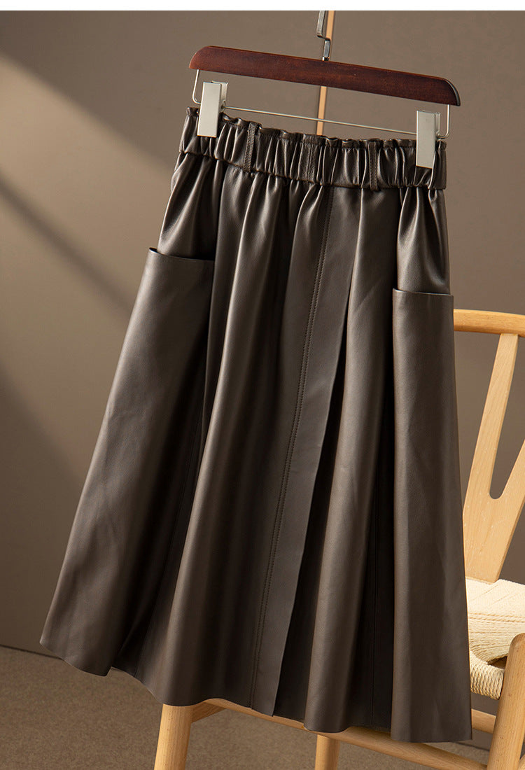 Sheepskin a-line leather midi skirt belt
