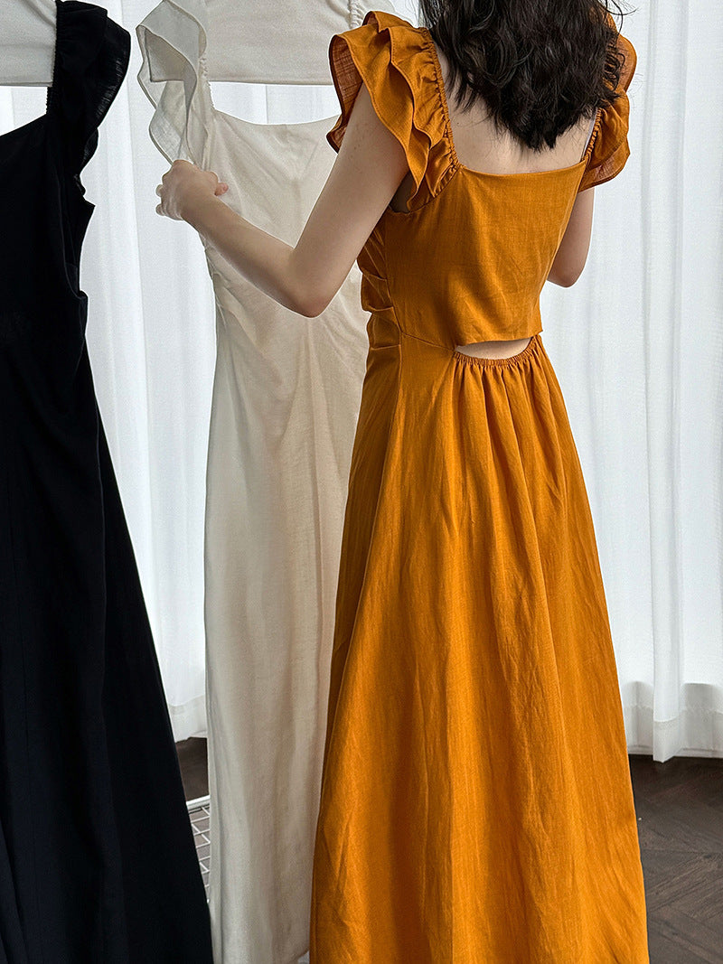 White flutter sleeve linen maxi dress with open back waist fit