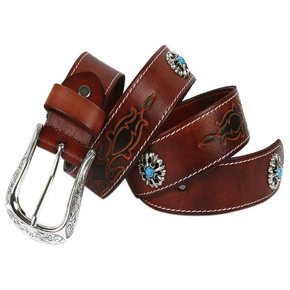 Genuine Leather Western Belt with Silver Buckle and Turquoise Accents