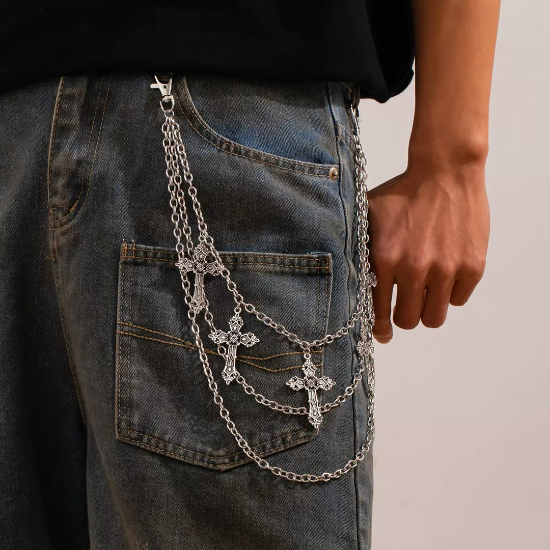 Layered Silver Cross Pants Chain with Gothic Pendants