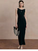 black sleeveless pleated cotton midi dress Black