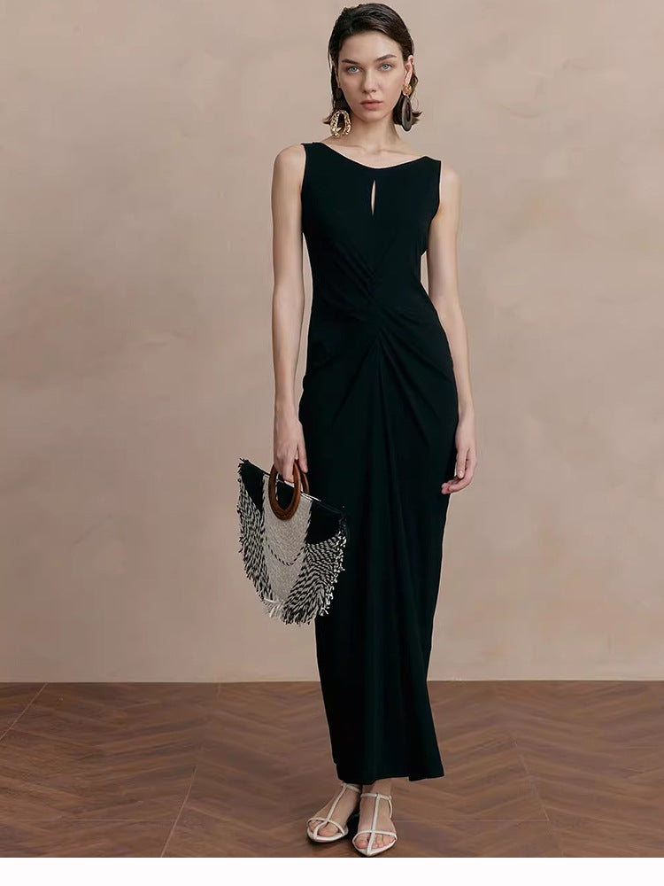 black sleeveless pleated cotton midi dress Black