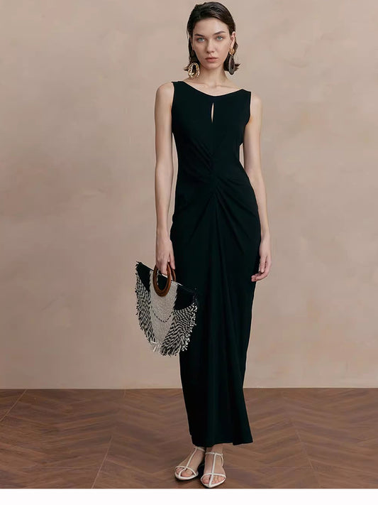 black sleeveless pleated cotton midi dress Black