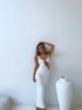 White cutout midi dress with ruched bust detail