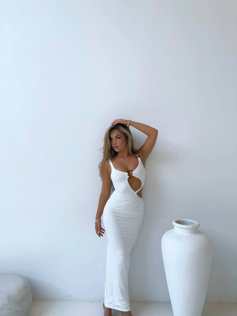 White cutout midi dress with ruched bust detail