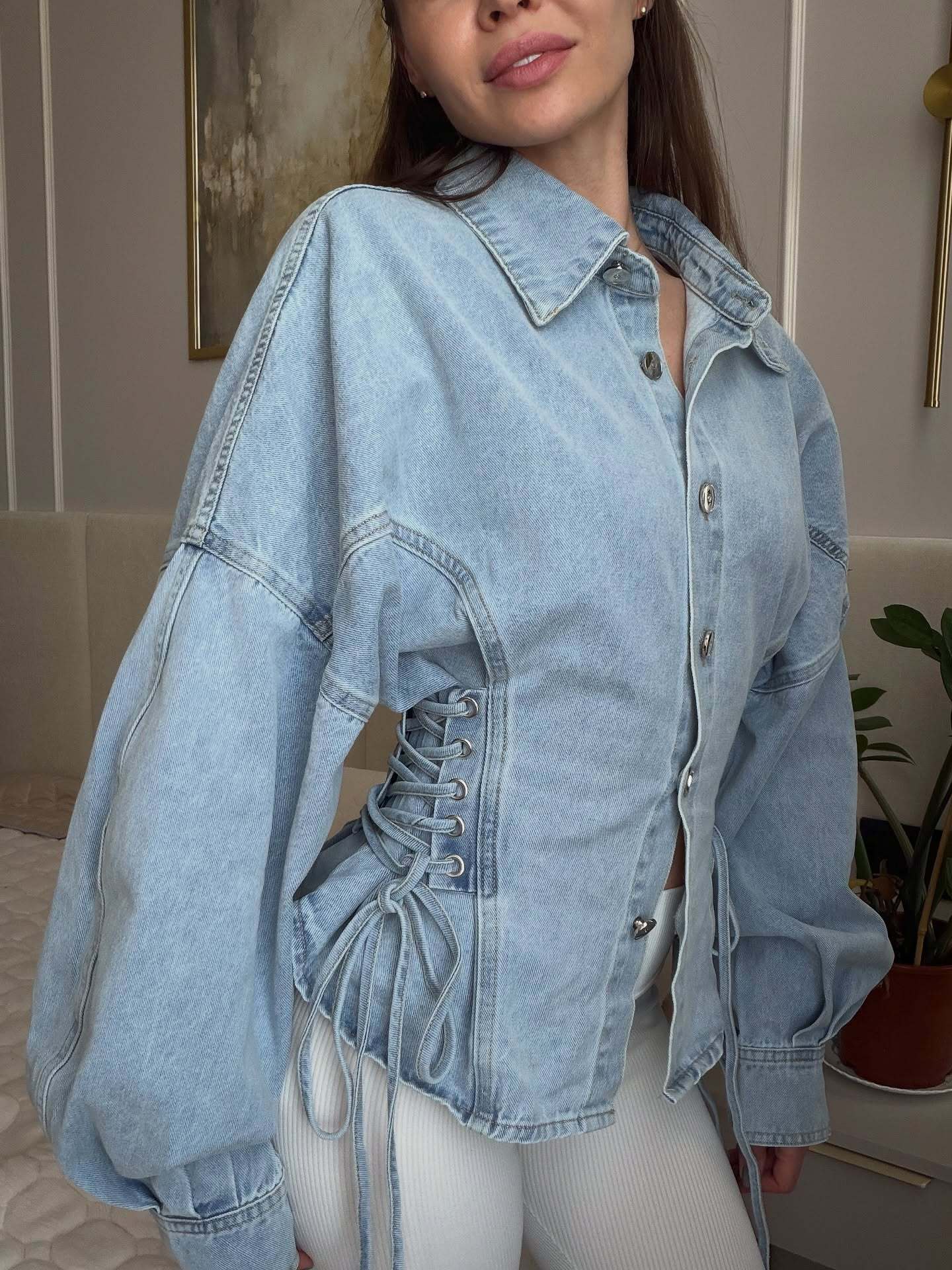 Denim shirt with lace up sides and oversized fit