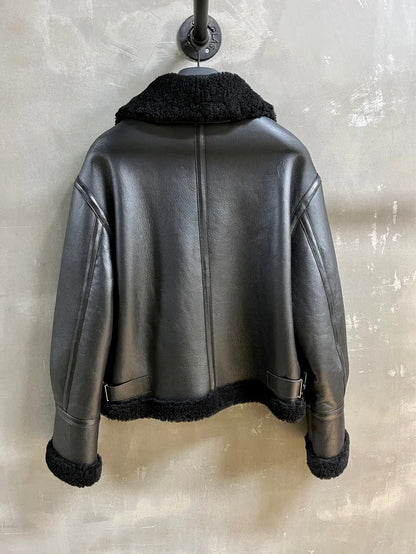 Women Real Shearling Leather Bomber Winter Jacket