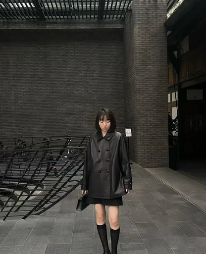 Women’s Leather Double-Breasted Oversized Jacket