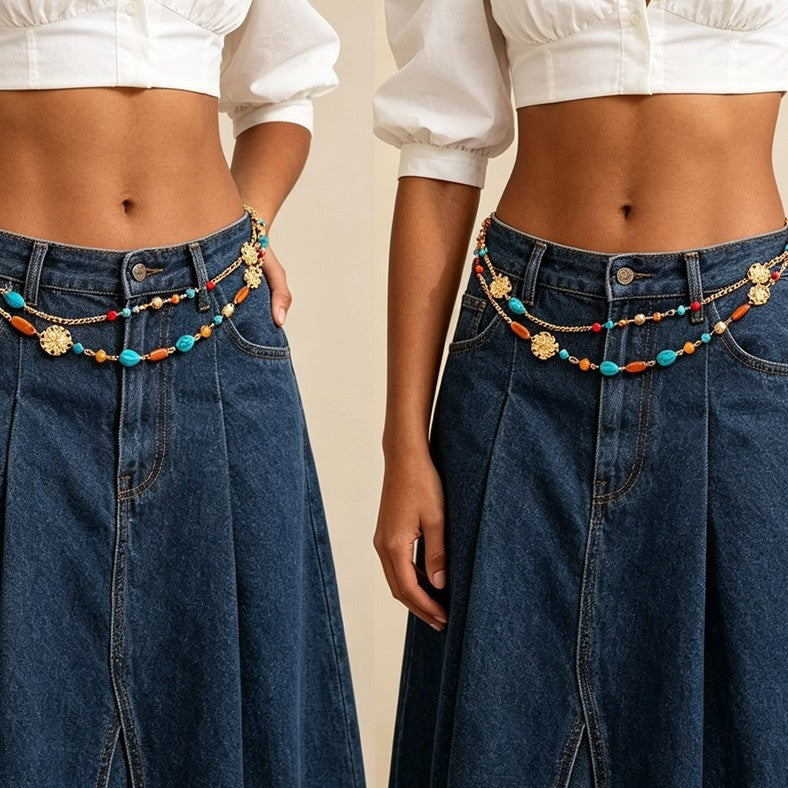 Women's Bohemian Beaded Waist Chain Gold Tone Layered Belt