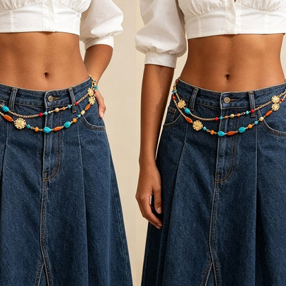 Women's Bohemian Beaded Waist Chain Gold Tone Layered Belt