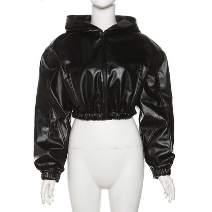 Women’s Faux Leather Cropped Hooded Jacket Short Bomber