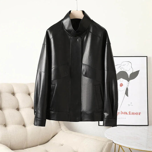 Women Oversized Leather Jacket Bomber Style