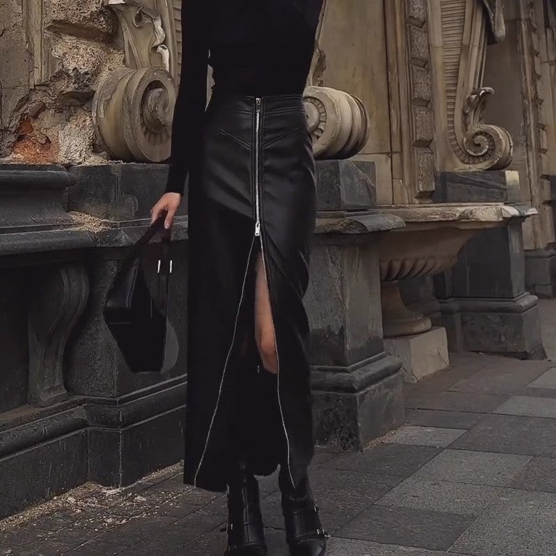 Black Leather Pencil Skirt with High Slit