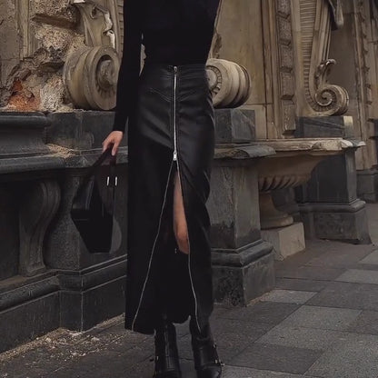 Black Leather Pencil Skirt with High Slit