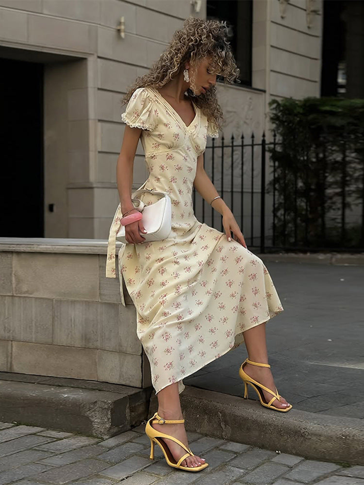 French floral v neck puff sleeve maxi dress