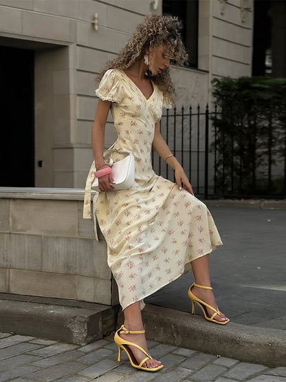 French floral v neck puff sleeve maxi dress