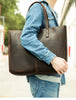 Brown Leather Tote Bag with Zipper for Men and Women