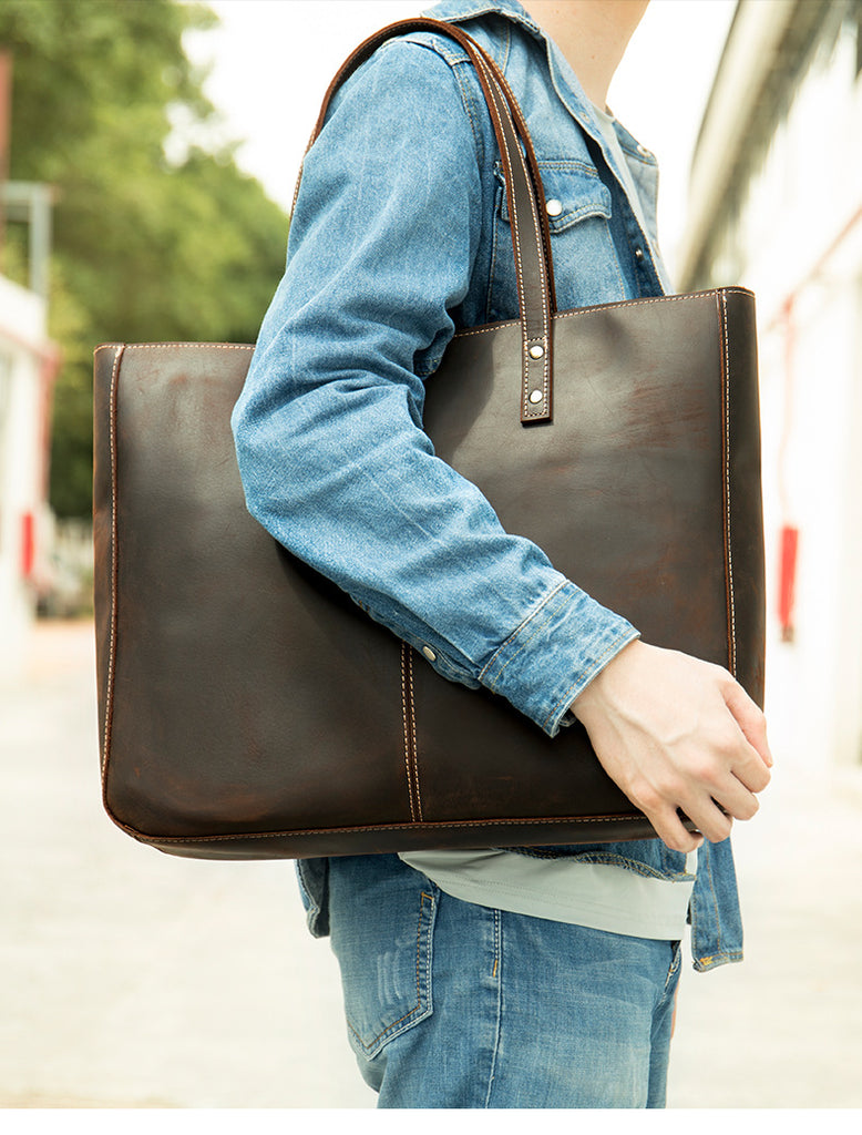 Brown Leather Tote Bag with Zipper for Men and Women