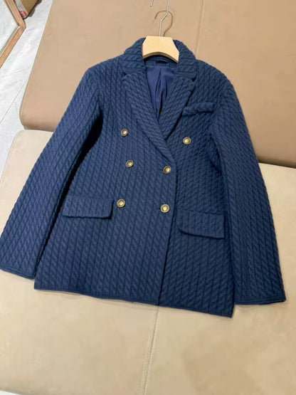 Women Cashmere Wool Double Breasted Knit Blazer