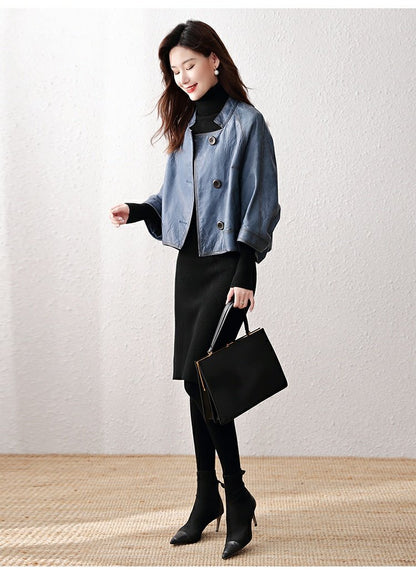 Retro distressed leather bomber jacket women