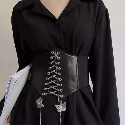 Black Butterfly Chain Faux Leather Elastic Waist Belt