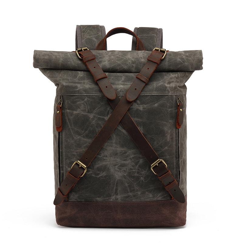 Waxed Canvas Backpack with Genuine Leather and Roll Top Design