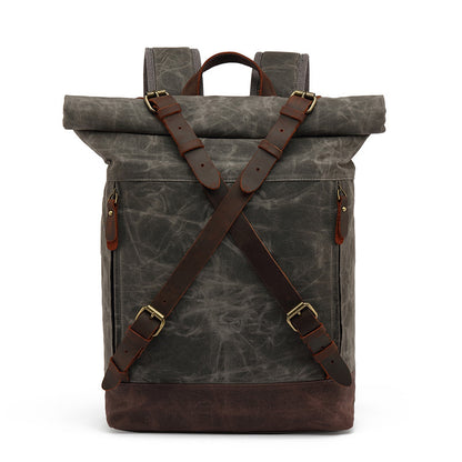 Waxed Canvas Backpack with Genuine Leather and Roll Top Design