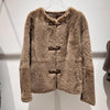 Women Leather Real Fur Coat Short Shearling Round Neck Jacket