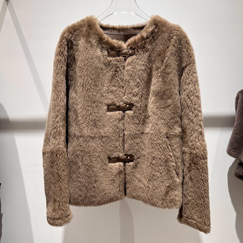 Women Leather Real Fur Coat Short Shearling Round Neck Jacket