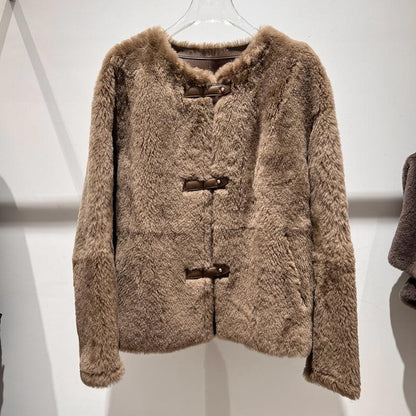Women Leather Real Fur Coat Short Shearling Round Neck Jacket