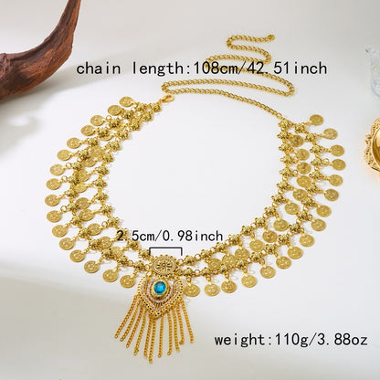 Gold Waist Chain with Coin Tassels and Blue Accent